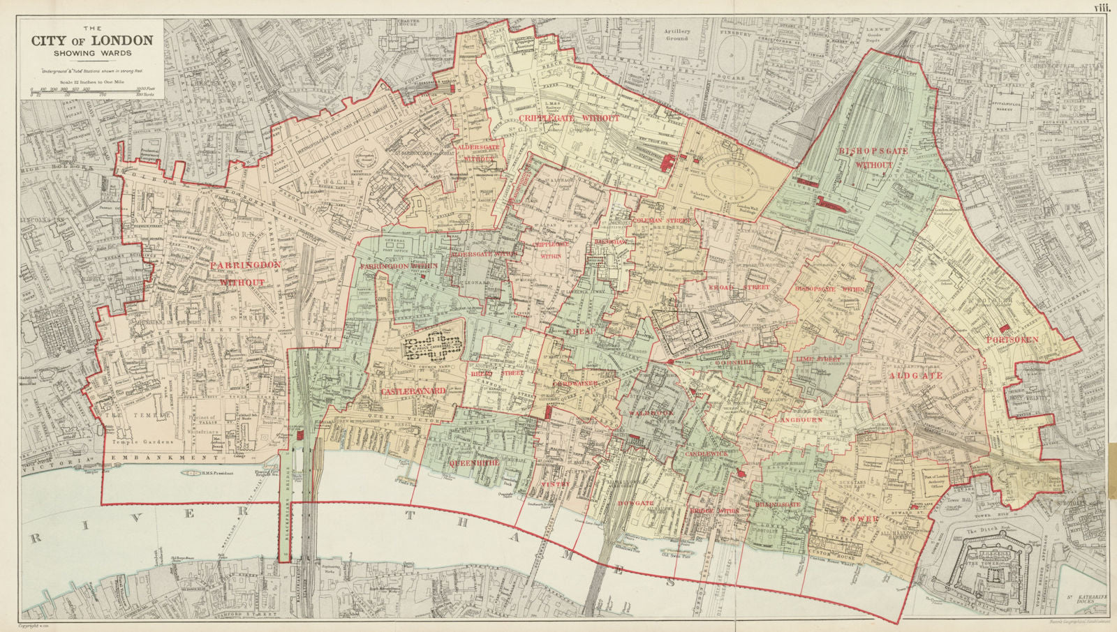 CITY OF LONDON showing WARDS. Churches & public buildings plans. BACON 1934 map